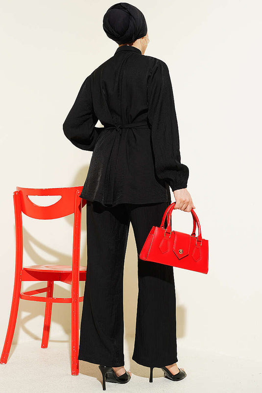 Ensemble tunique à ceinture avec boutons cachés, noir, deux pièces