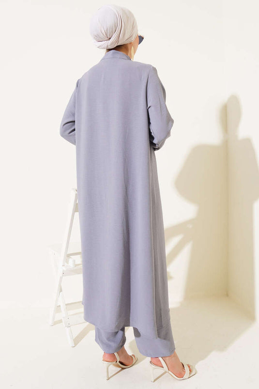 Hidden Buttoned Casual Two Piece Suit Gray