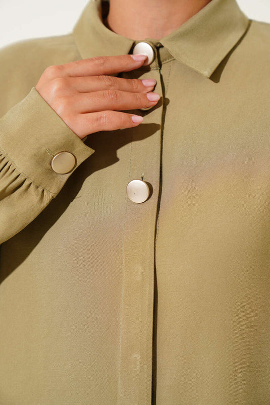 Hidden Button Tencel Tunic in Almond Green