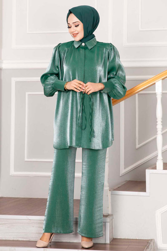 Hidden Buttoned Hijab Set Green