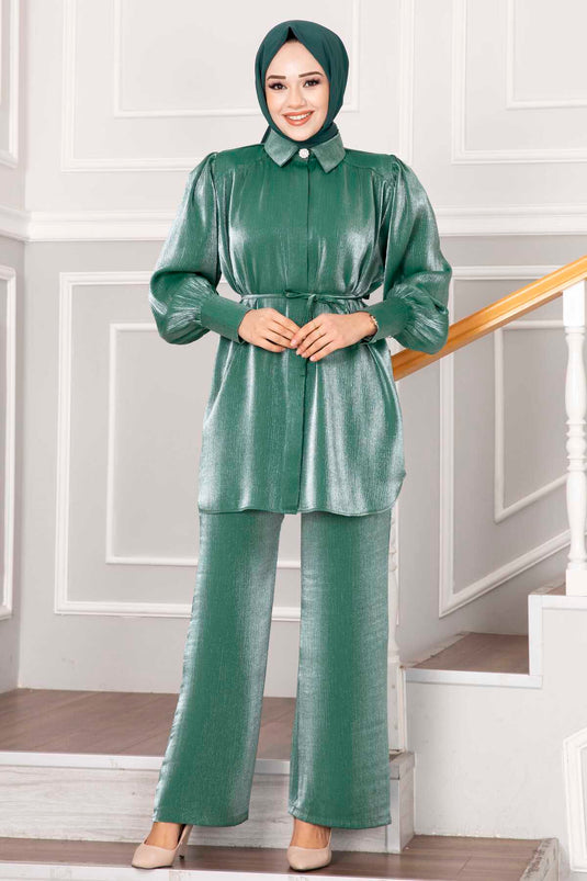 Hidden Buttoned Hijab Set Green