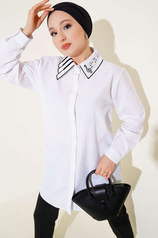 White Embroidered Shirt with Hidden Button Collar
