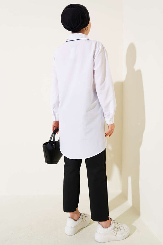 White Embroidered Shirt with Hidden Button Collar