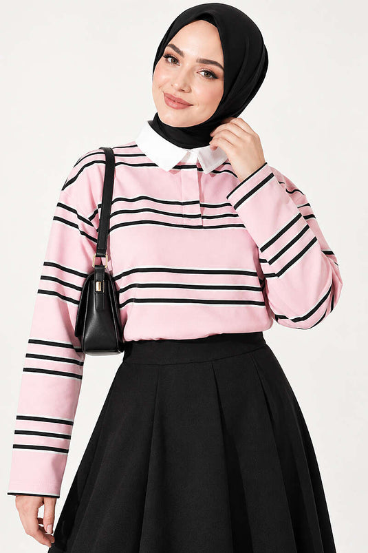 Gizli Düğmeli Yatay Çizgili Tunik Pembe