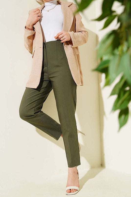 Pantalon slim kaki à fermeture éclair cachée