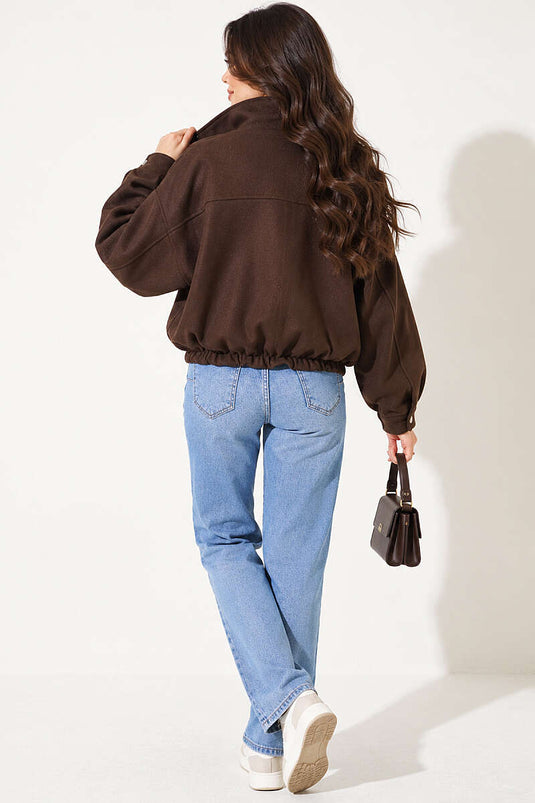 Gizli Fermuarlı Oversize Kaşe Ceket Kahve