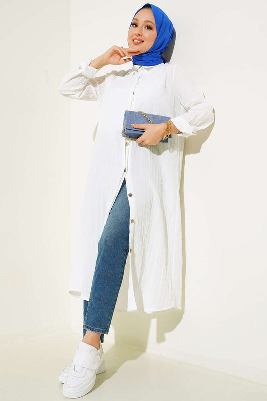 Gizli Pat Uzun Gömlek Beyaz