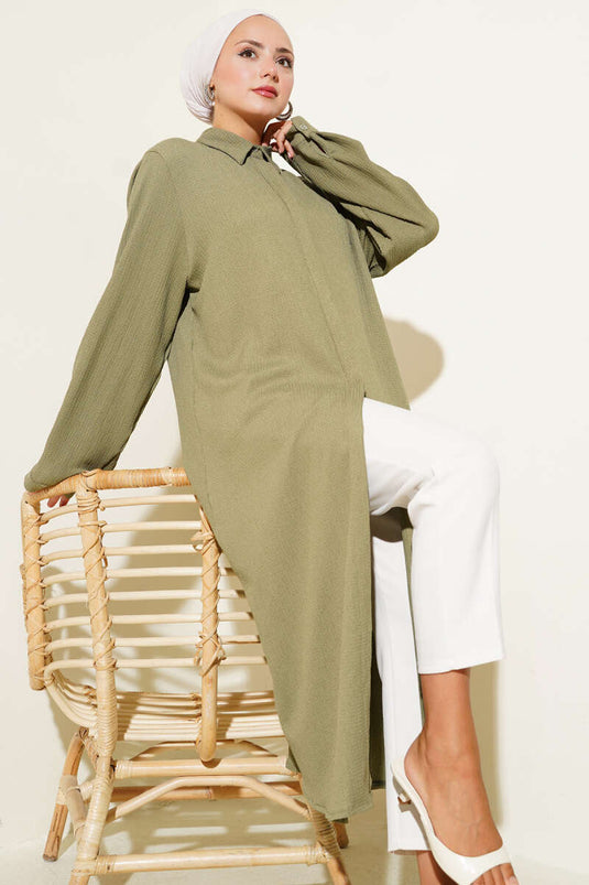 Chemise longue kaki à patte de boutonnage cachée