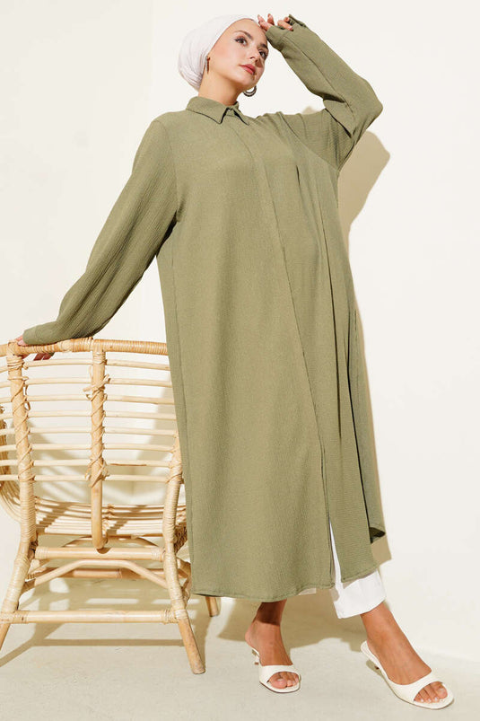 Chemise longue kaki à patte de boutonnage cachée