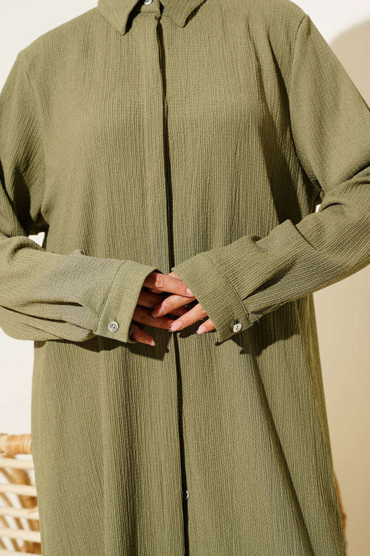Chemise longue kaki à patte de boutonnage cachée