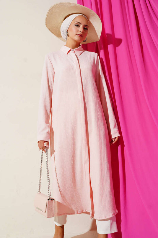 Chemise longue à patte de boutonnage cachée, couleur poudre