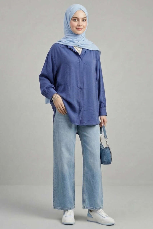 Hidden Pleat Modal Fabric Shirt Navy Blue