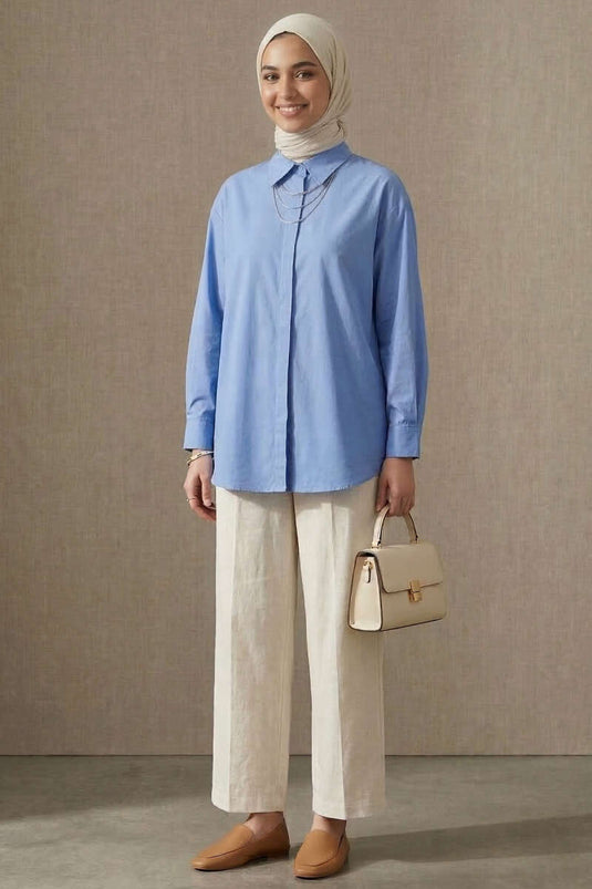 Chemise en tissu modal à boutons cachés bleu