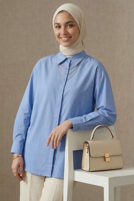 Chemise en tissu modal à boutons cachés bleu