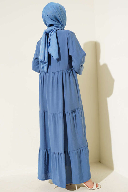 Gizli Yarım Düğmeli Kat Kat Elbise İndigo