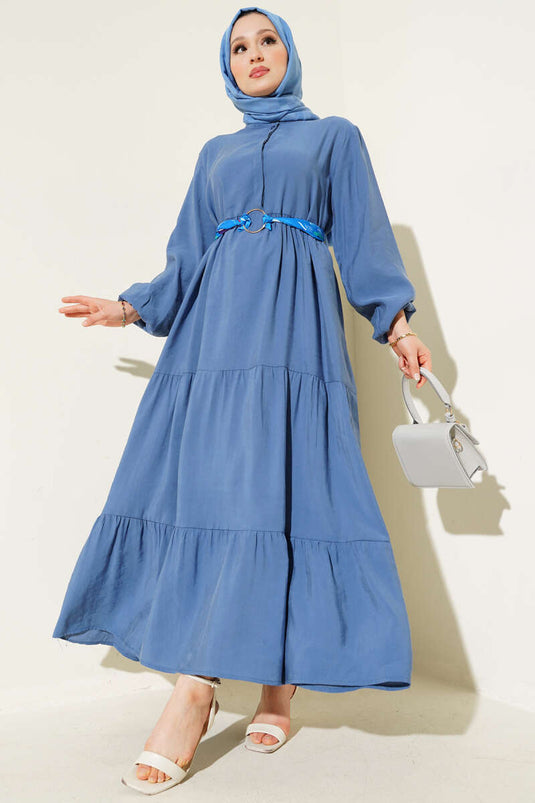 Hidden Half Button Layered Dress Indigo