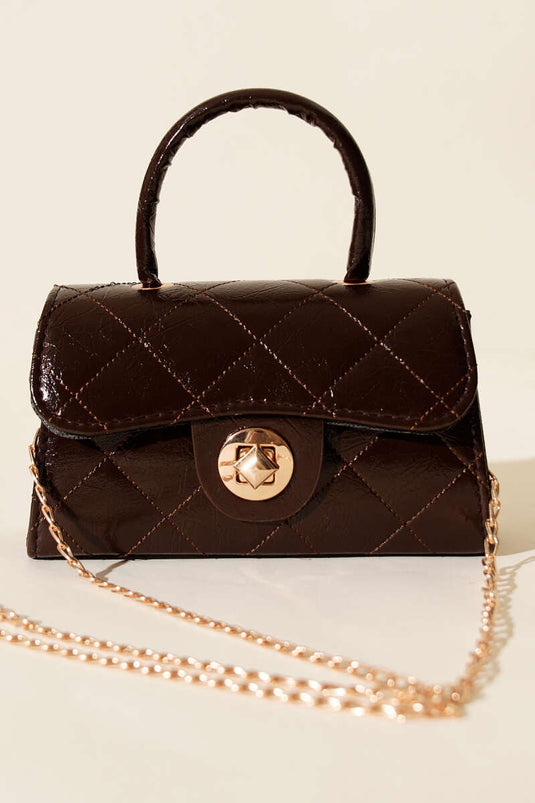 Borsa a catena mini lucida marrone scuro