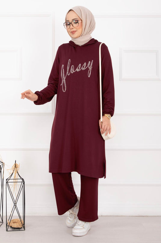 Glossy Taş Detaylı Kapüşonlu Tesettür Takım Bordo