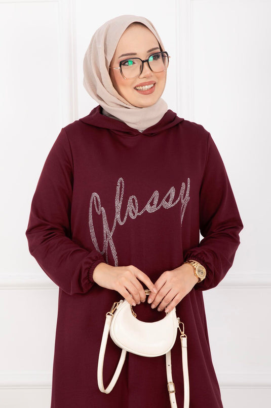 Glossy Taş Detaylı Kapüşonlu Tesettür Takım Bordo