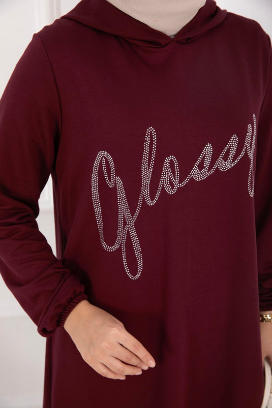Glossy Stone Detailed Hooded Modest Set Burgundy