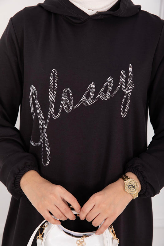 Glossy Taş Detaylı Kapüşonlu Tesettür Takım Füme
