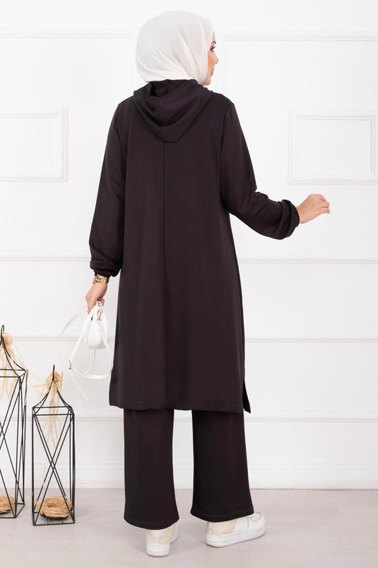Glossy Taş Detaylı Kapüşonlu Tesettür Takım Füme