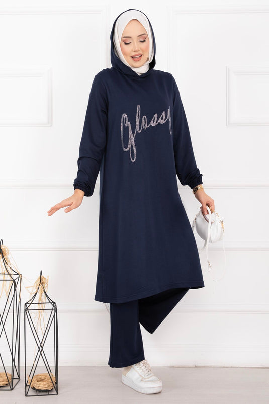 Glossy Stone Detailed Hooded Modest Set Navy Blue