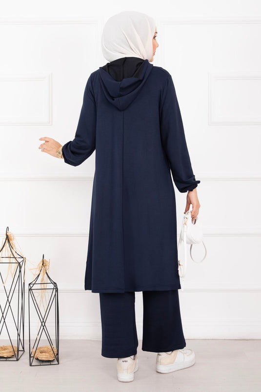 Glossy Stone Detailed Hooded Modest Set Navy Blue