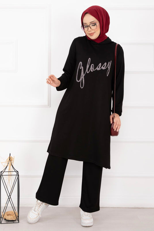Glossy Taş Detaylı Kapüşonlu Tesettür Takım Siyah