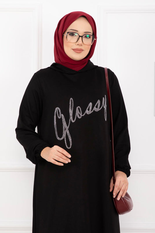 Glossy Taş Detaylı Kapüşonlu Tesettür Takım Siyah
