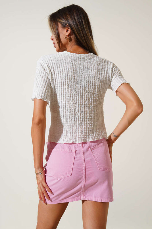 White Waffle Front Tie Blouse