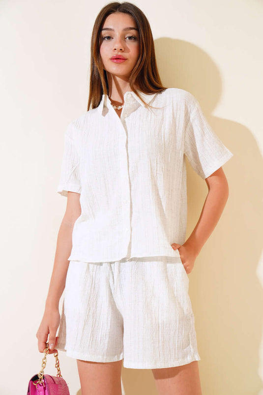 Seersucker Shorts Suit Beige