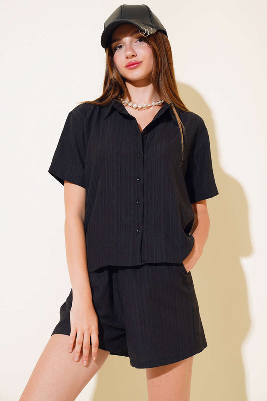 Ensemble short en seersucker noir