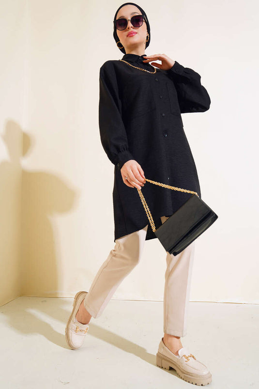 Casual Shirt with Double Chest Pockets in Black