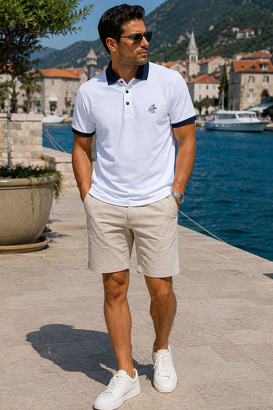 Göğüs Armalı Polo Yaka Erkek T-shirt Beyaz