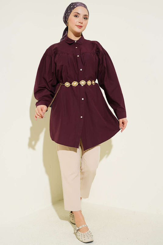 Burgundy Shirt with Chest Ruching and Waist Tunnel