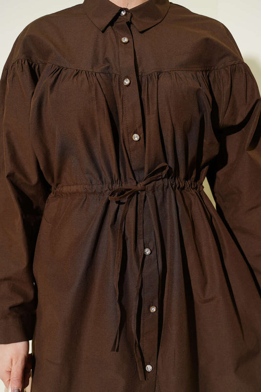 Chemise à cordon de serrage poitrine et ceinture tunnel, couleur café