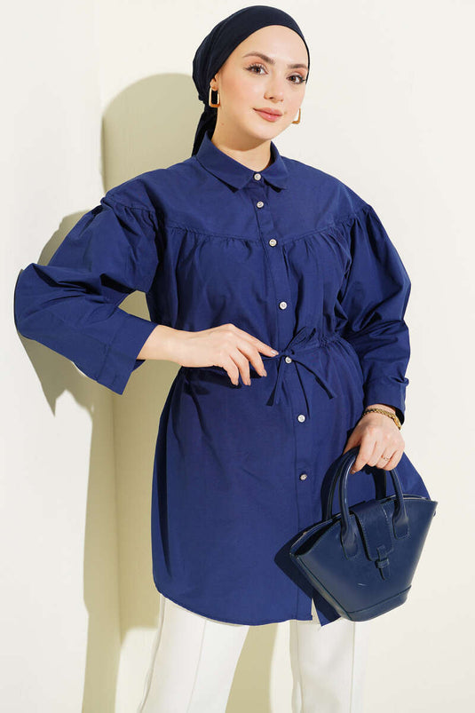 Blouse met borstplooien en tunnelkoord in de taille, marineblauw
