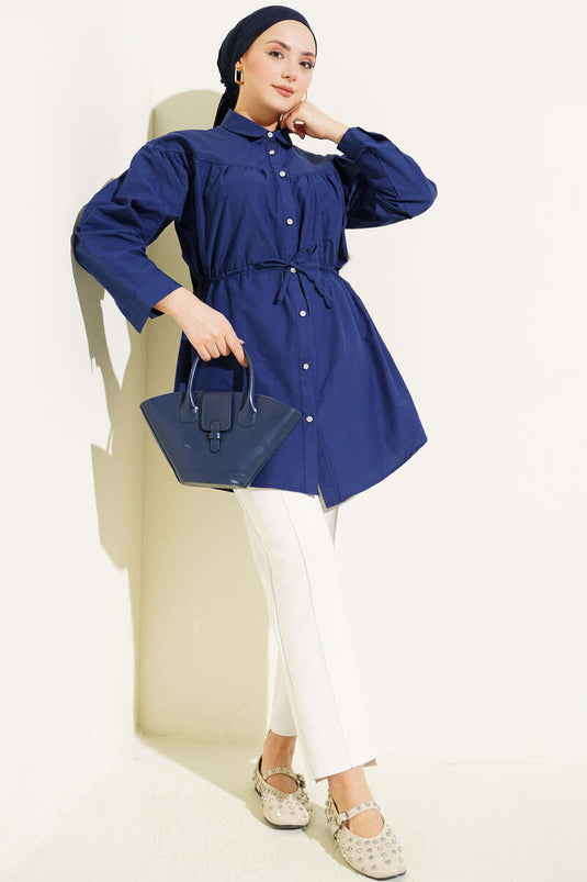 Blouse met borstplooien en tunnelkoord in de taille, marineblauw