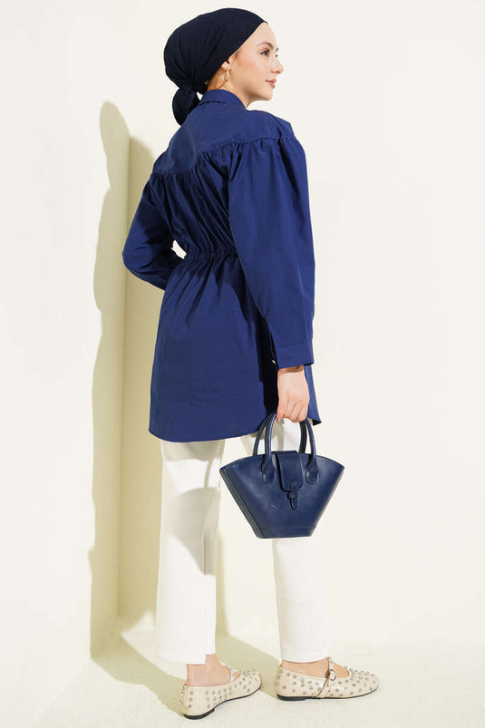 Blouse met borstplooien en tunnelkoord in de taille, marineblauw