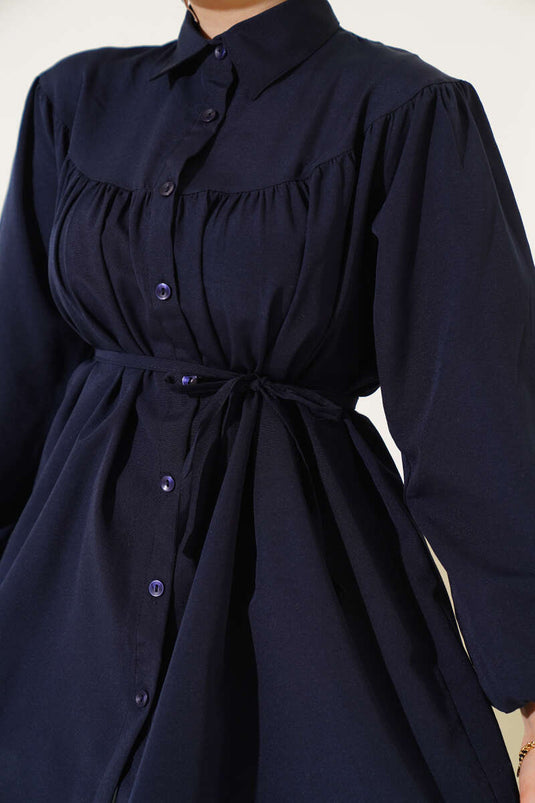 Chest Pleated Shirt Navy Blue