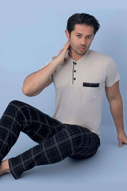 Göğüs Cep Detaylı Kısa Kol Erkek Pijama Bej