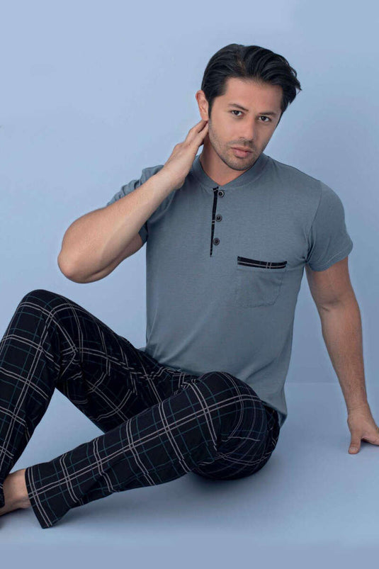 Göğüs Cep Detaylı Kısa Kol Erkek Pijama Koyu Gri