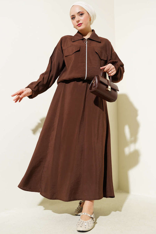 Chest Pocket Flap Skirted Two Piece Suit Brown