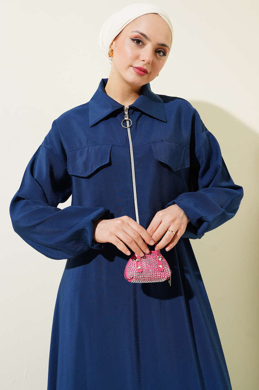 Two Piece Suit with Chest Pocket and Skirt, Navy Blue