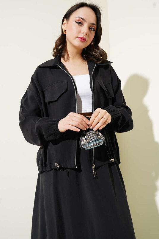 Chest Pocket Flap Skirted Two Piece Suit Black