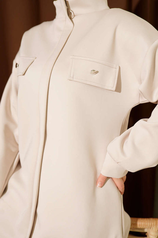 Göğüs Cep Kapaklı Fermuarlı Scuba İkili Takım Bej