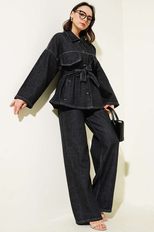 Chest Pocket Flap Belted Denim Two-Piece Set Black