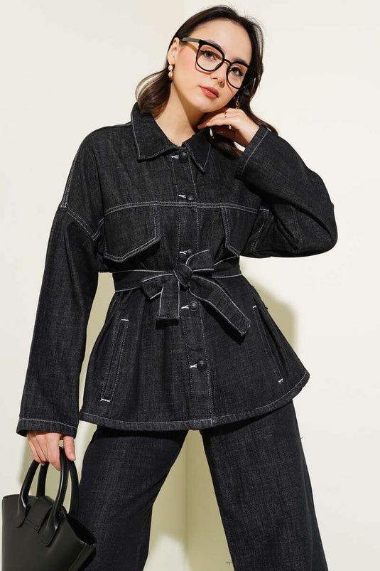 Chest Pocket Flap Belted Denim Two-Piece Set Black