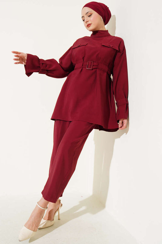 Chest Pocket Waist Belted Two-Piece Set Burgundy